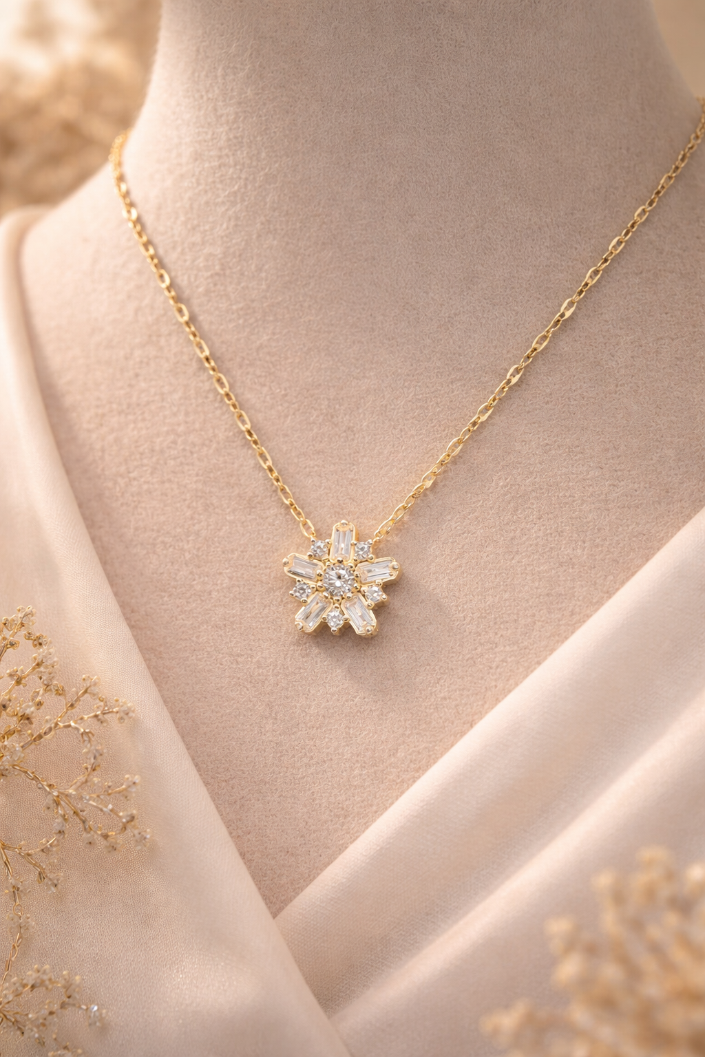14 Karat Gold Schneeflocken Anhänger mit Zirkonia – Elegante Damen Halskette