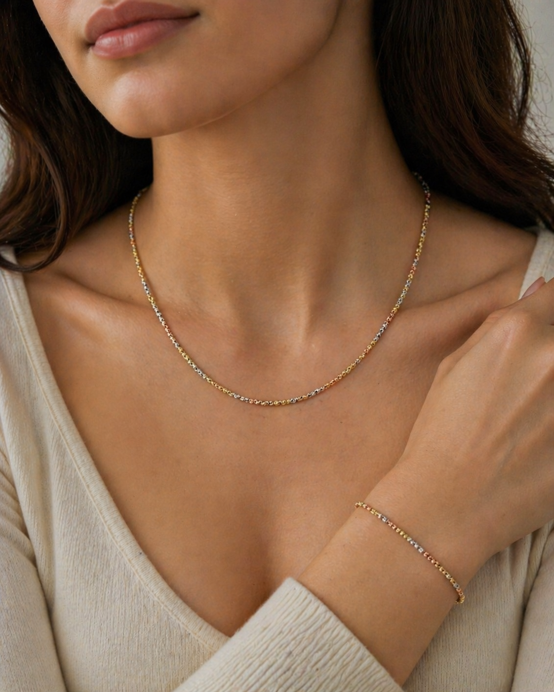 Elegante Tricolor Kugelkette – Feine Halskette in Gold, Roségold und Silber 14 Karat