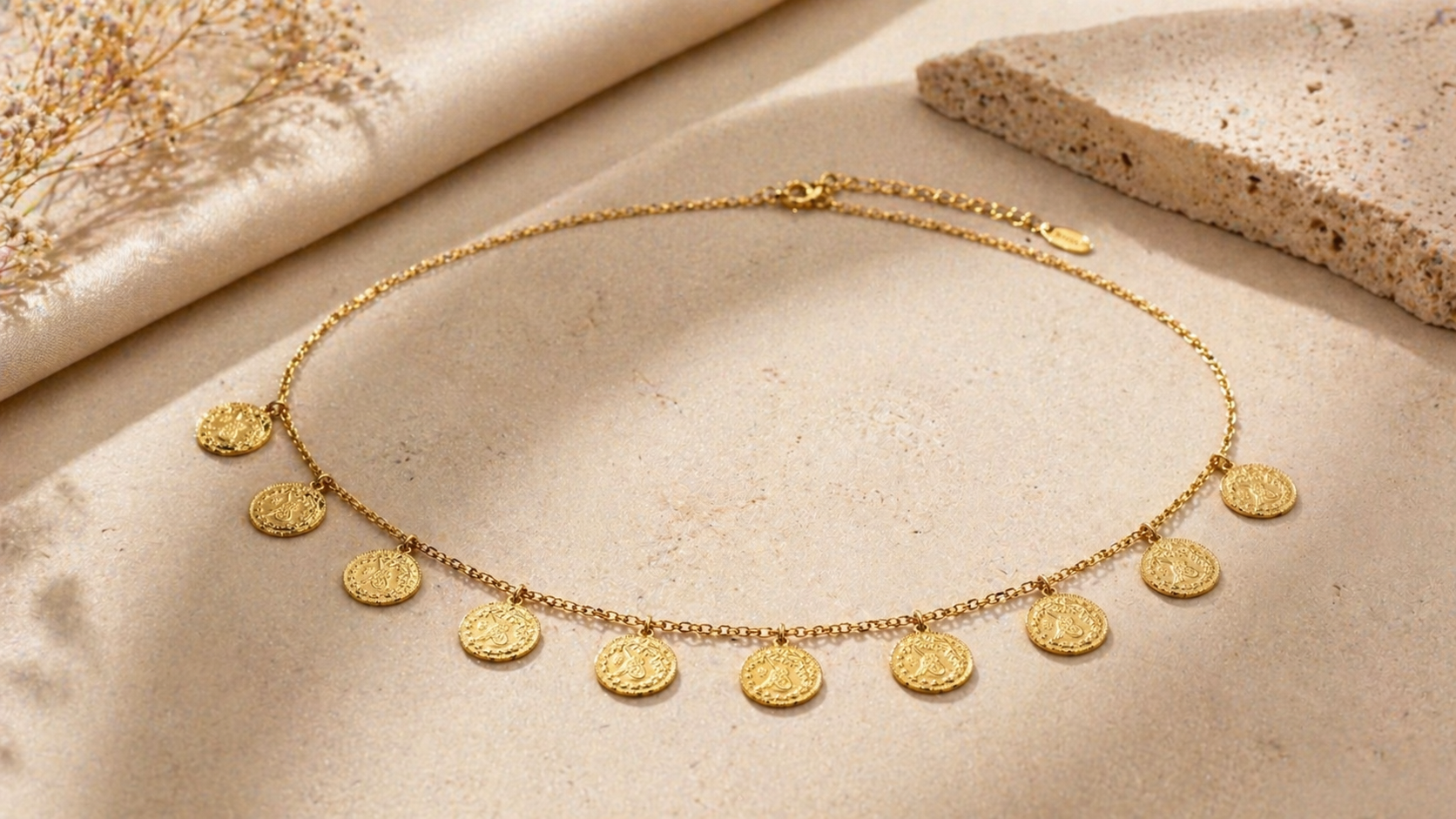 Elegante 22 Karat Gold Münz-Halskette – Feine Kette mit 10 Anhängern