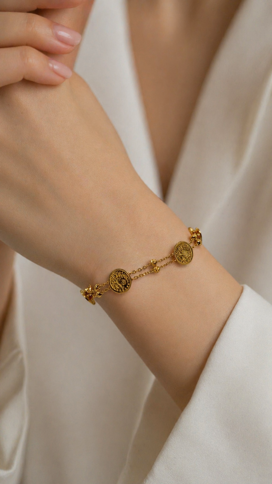 22 Karat Gold Armband mit Münzdesign – Elegantes Doppelketten-Armband